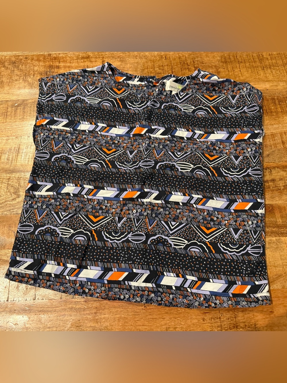 Porridge Black Orange Geometric Print 100% Cotton Button Front Top Size Small